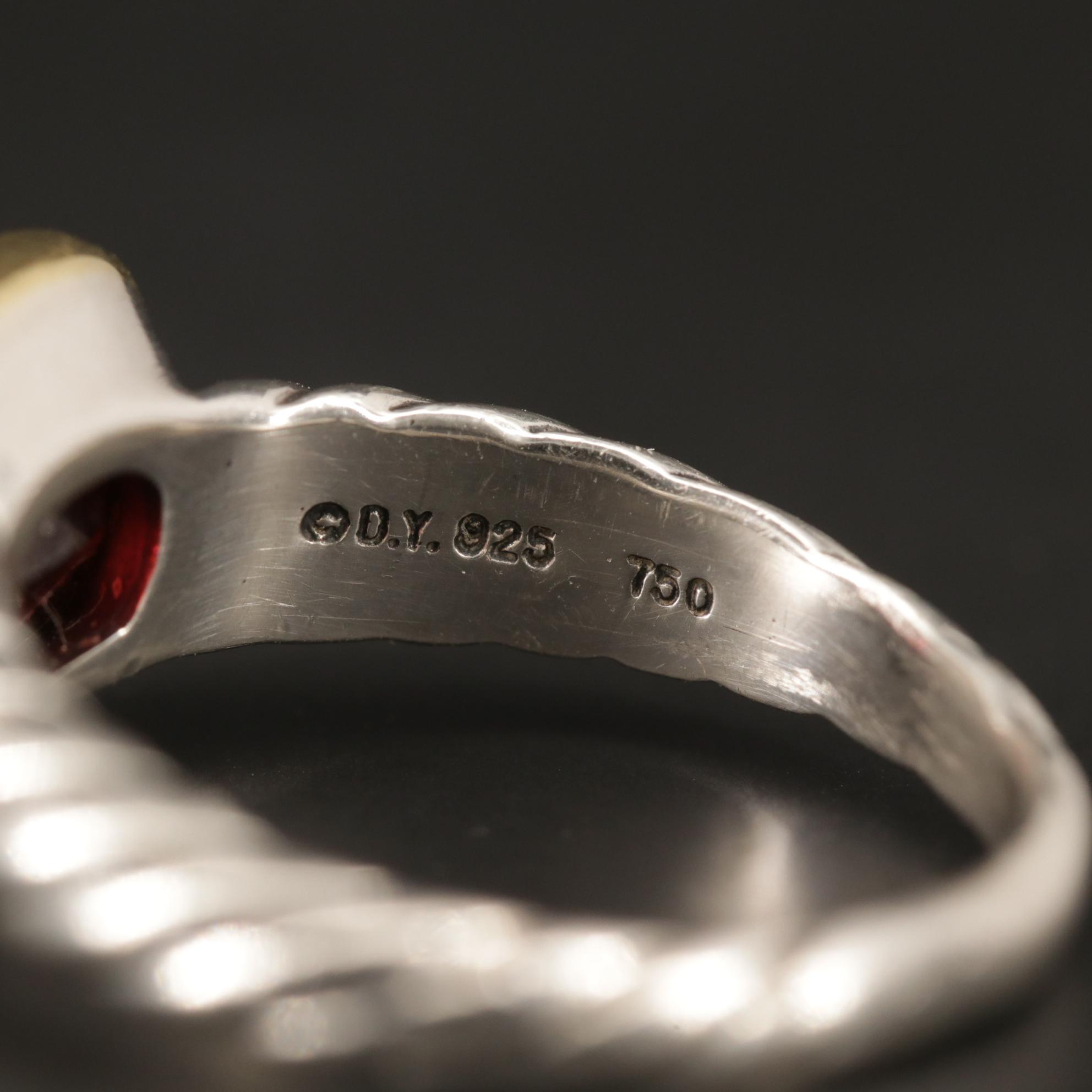 David Yurman Sterling Silver Garnet Ring with 18K Yellow Gold Accent