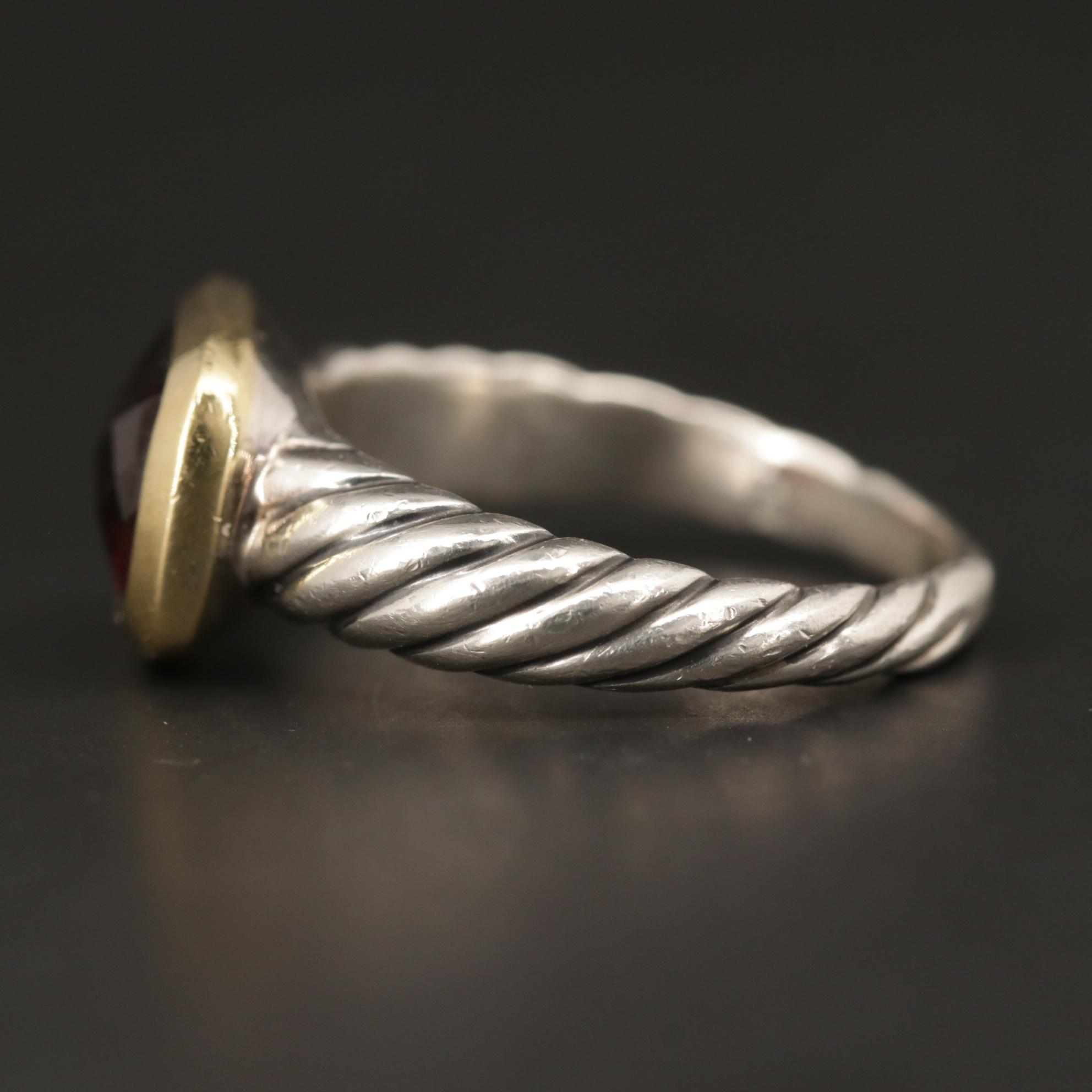 David Yurman Sterling Silver Garnet Ring with 18K Yellow Gold Accent