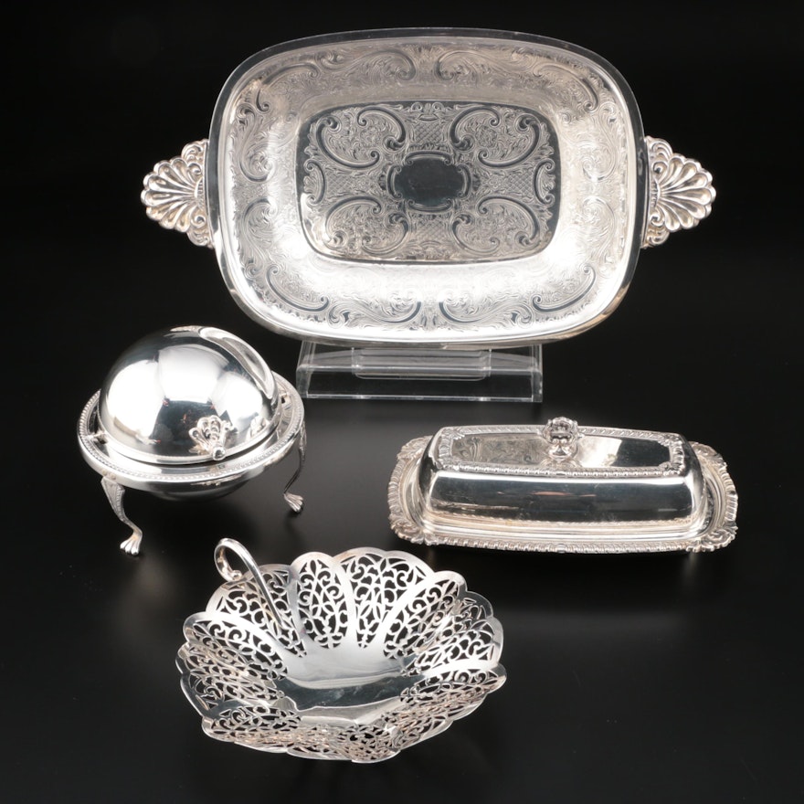 Silver Plate Serving Tray, Reticulated Bon Bon and Caviar Dish, 20th Century