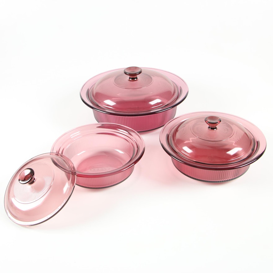 Corning Cranberry "Visions" Glass Lidded Casserole Dishes, 1980s