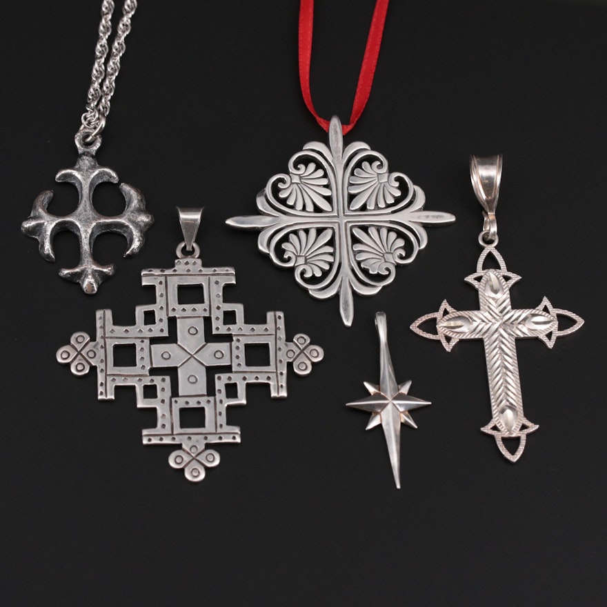 Sterling and Metal Judaic and Fleurie Crosses and Star Pendants and Necklace