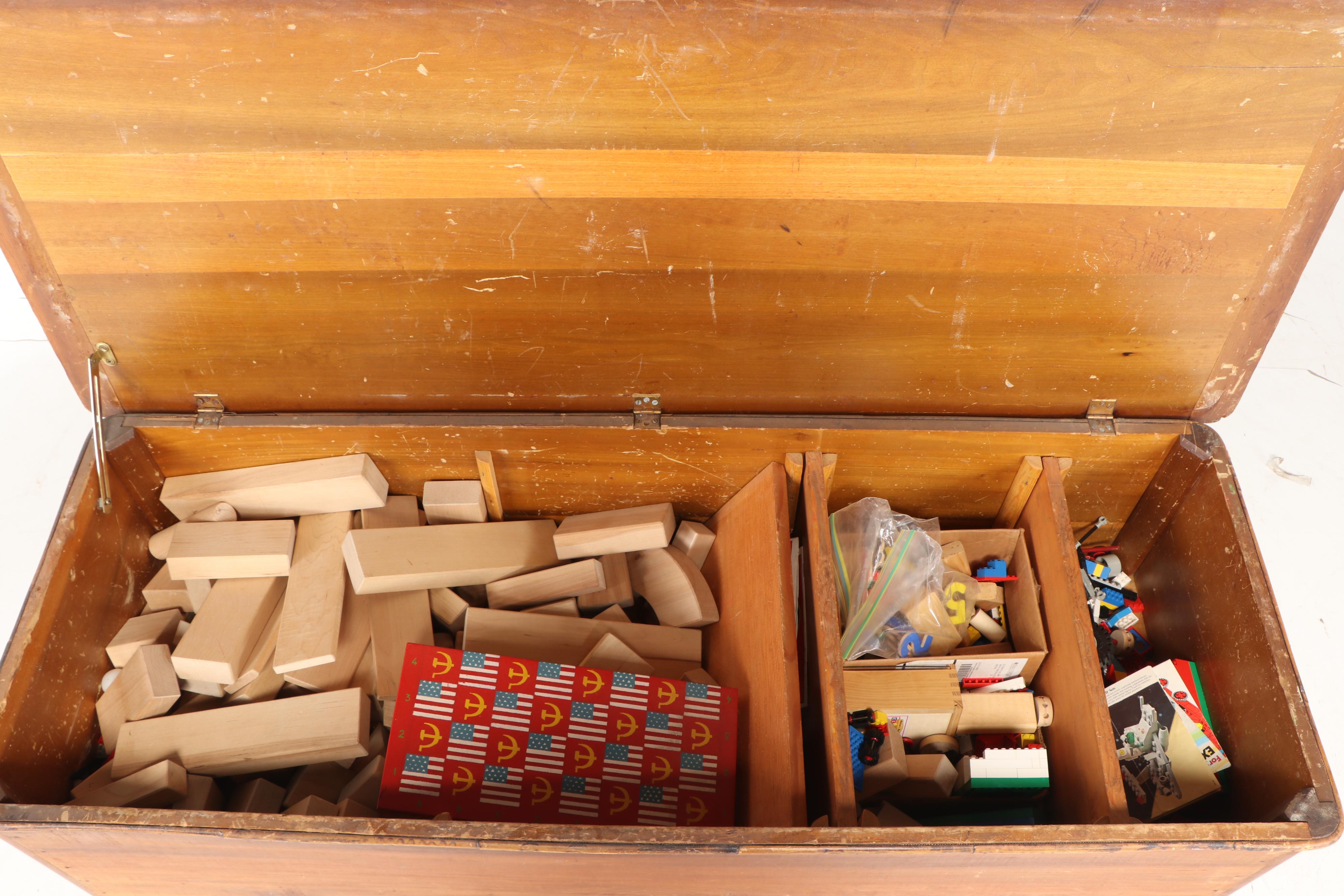 Vintage Poplar Toy Chest with Lego and Building Block Toys