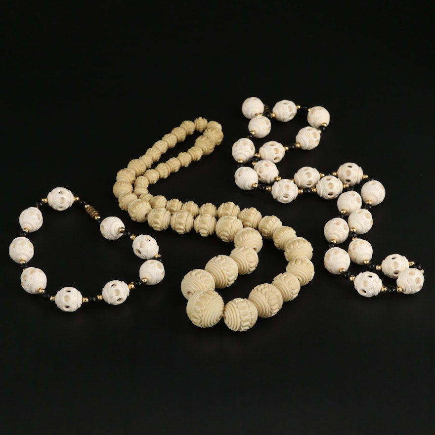 Carved Bead Necklace and Matching Meerschaum Bracelet and Necklace