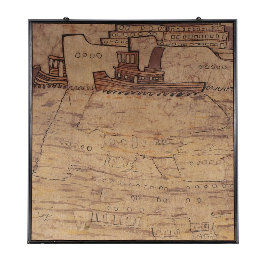 Ink Drawing of Ships on Batik Cloth