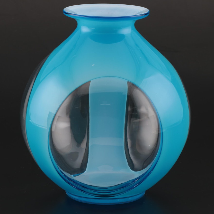 Modern Blue and Clear Cased Art Glass Vase