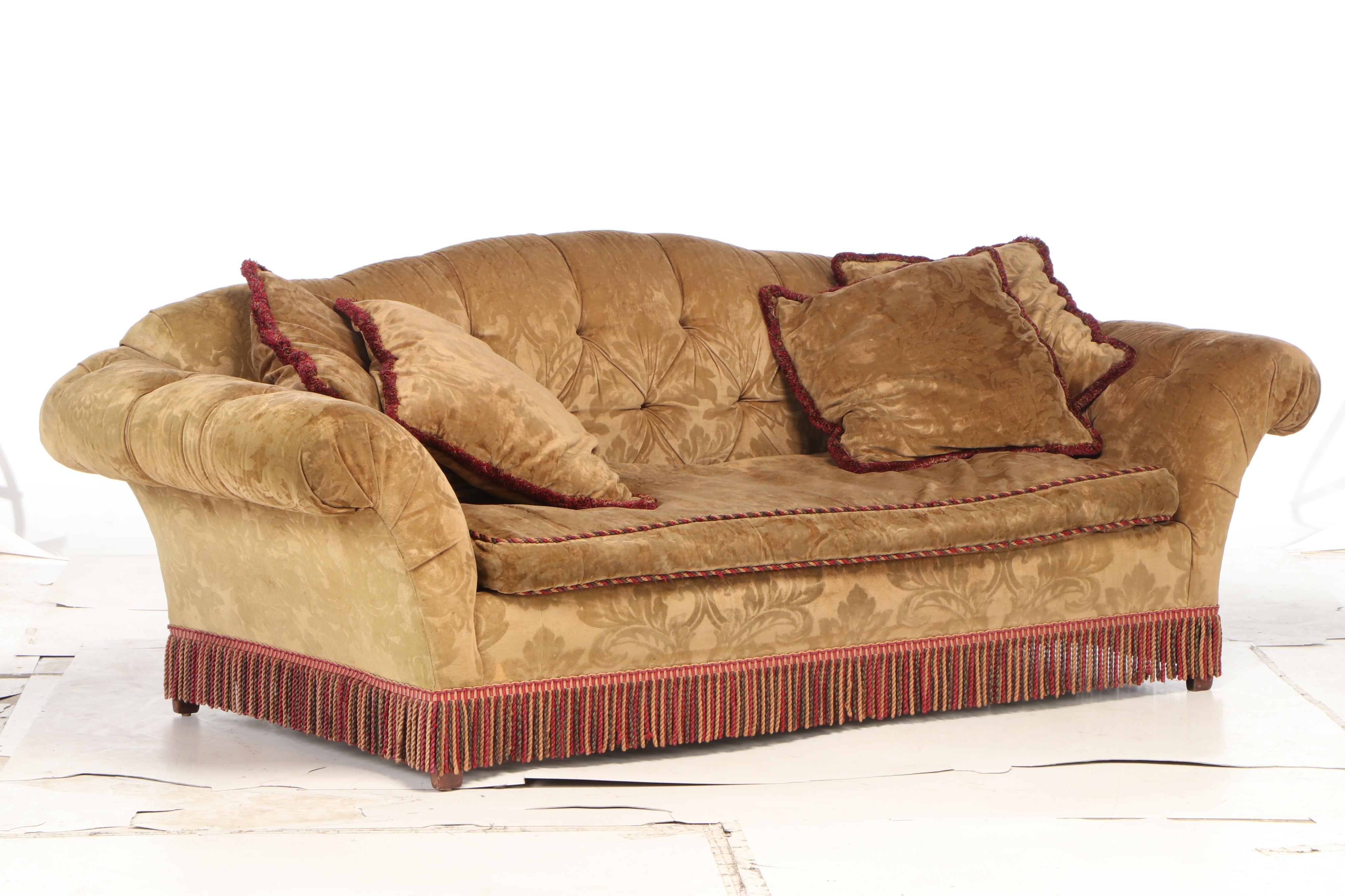 Velvet Damask Upholstered Sofa and Ottoman