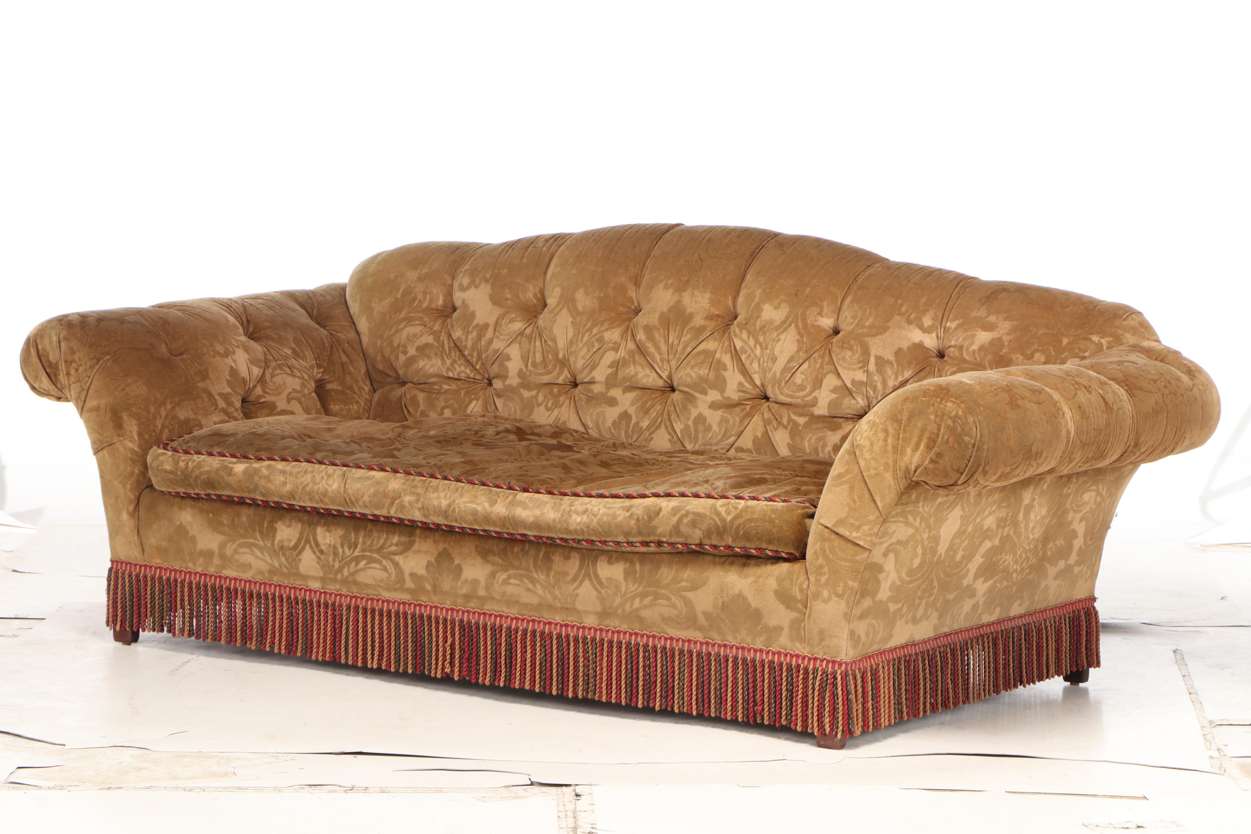 Velvet Damask Upholstered Sofa and Ottoman