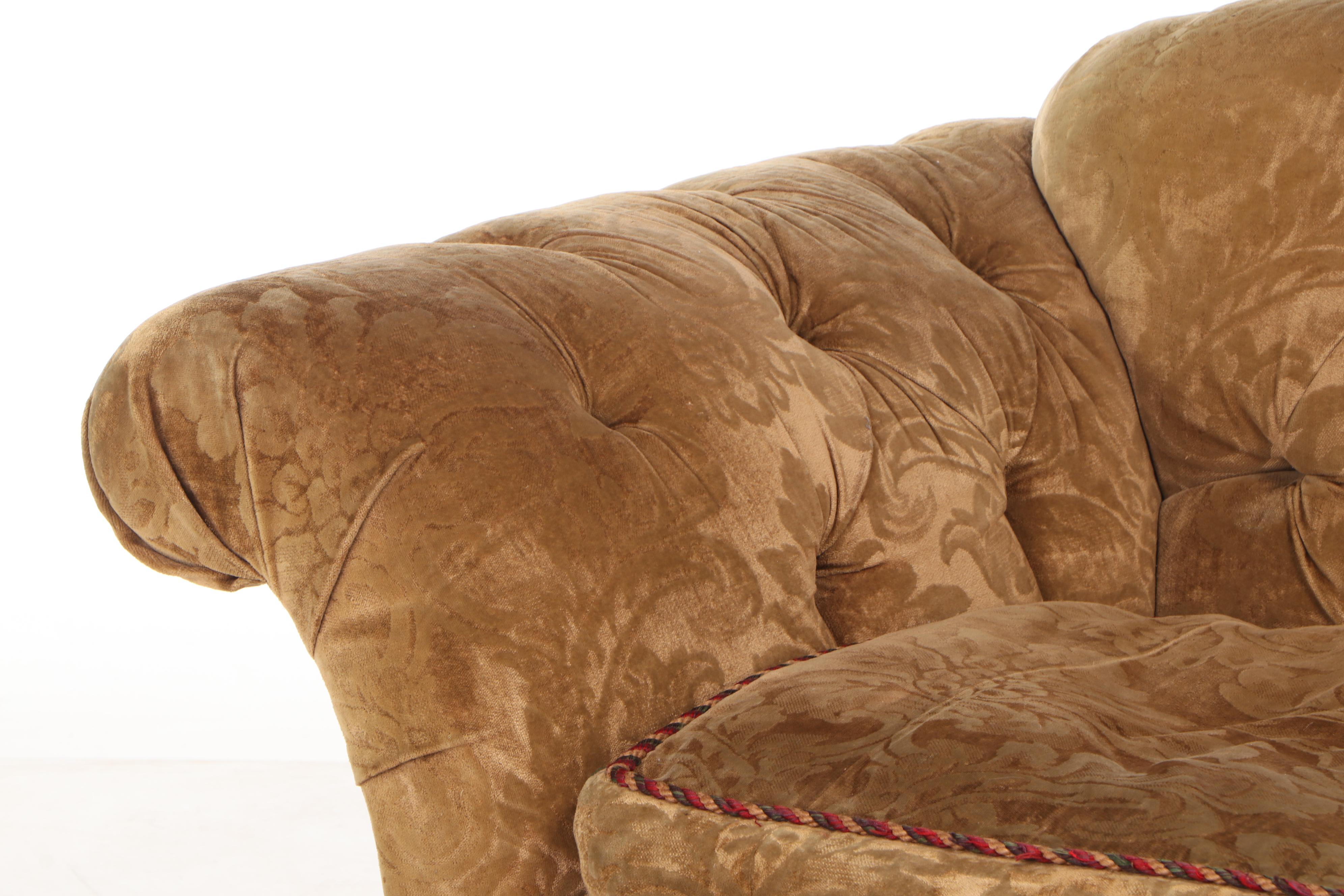 Velvet Damask Upholstered Sofa and Ottoman