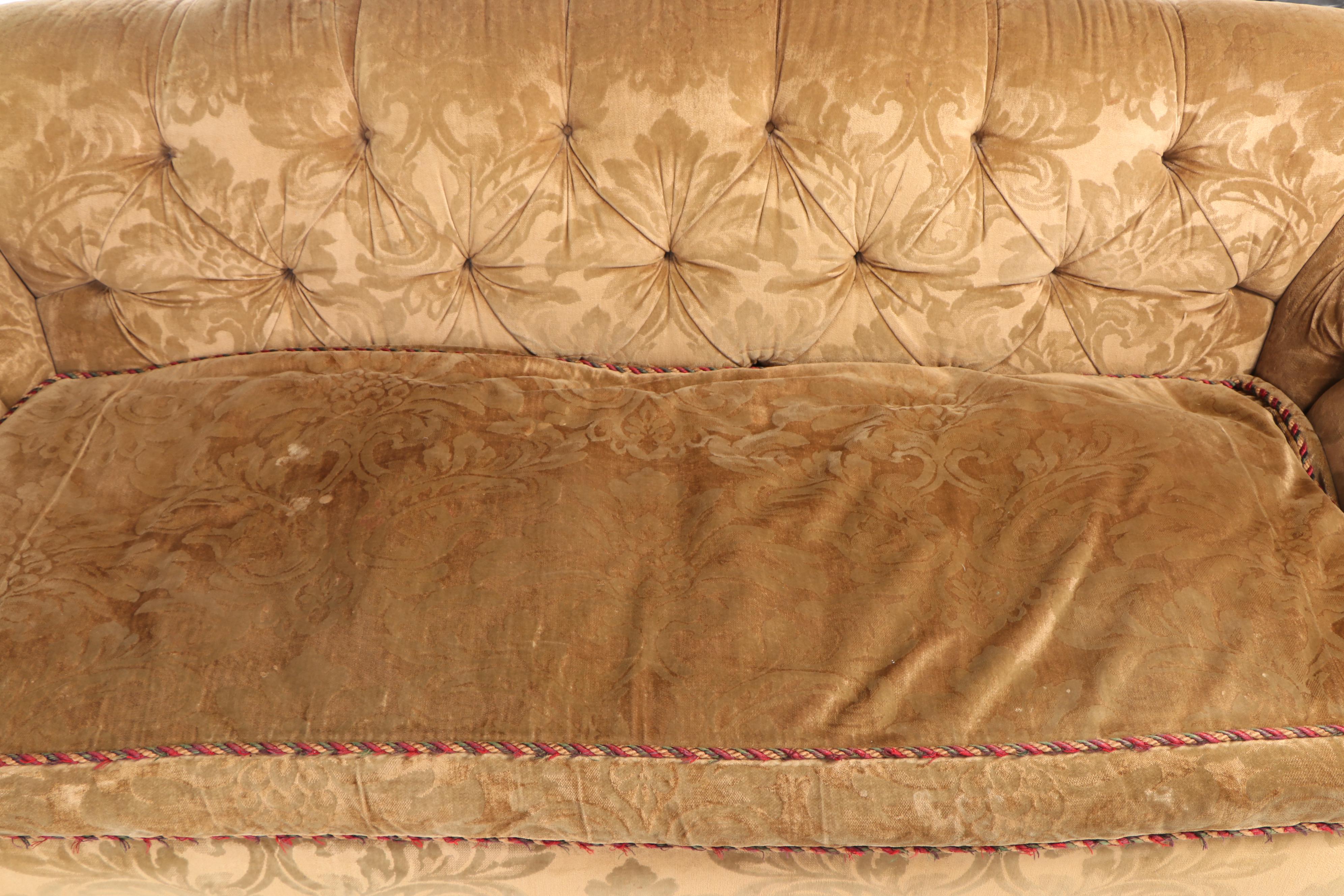 Velvet Damask Upholstered Sofa and Ottoman