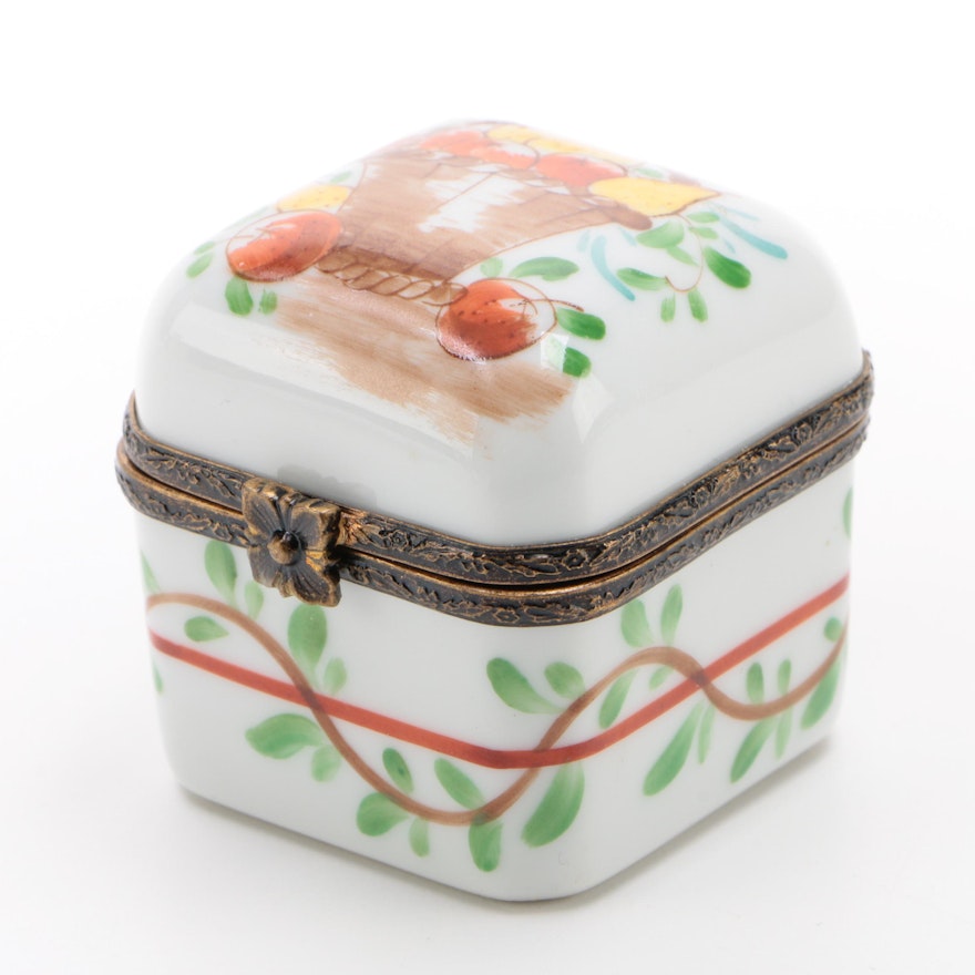 Hand-Painted Porcelain Limoges Box with Pear and Apple Fruit Basket Motif