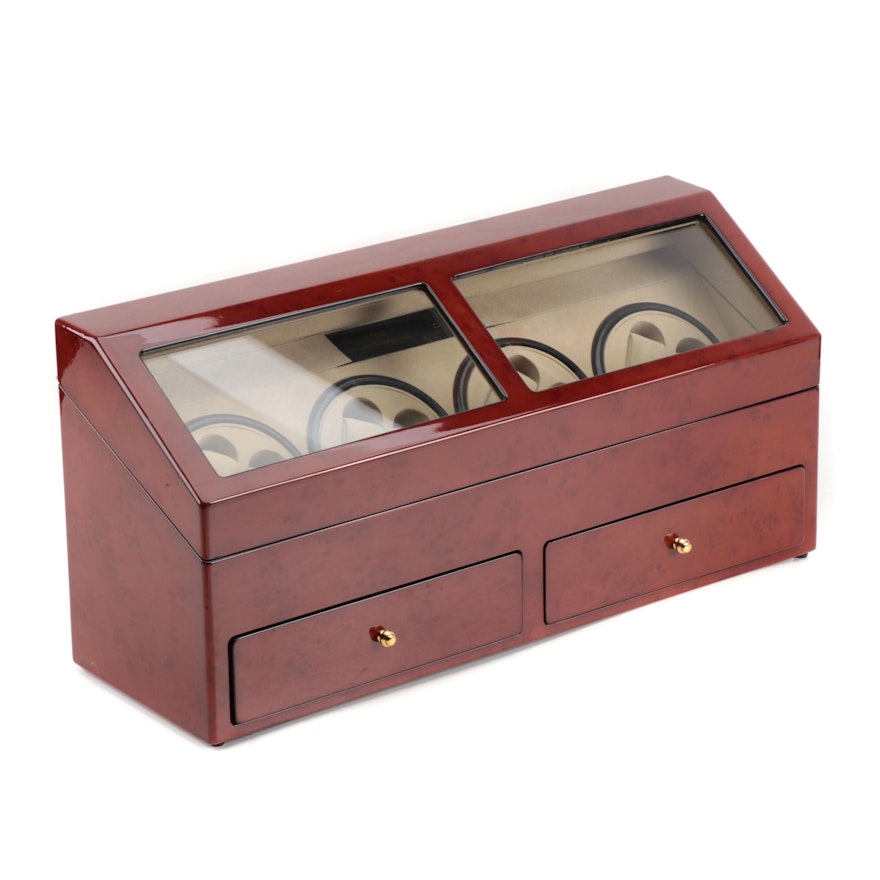 Watch Winder and Case with High Gloss Burlwood Finish, Contemporary