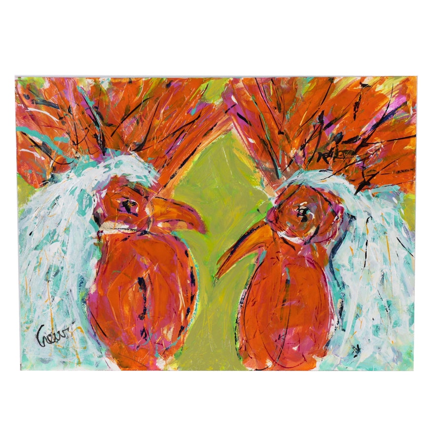 Susan Crew Acrylic Painting "Rooster Talk"