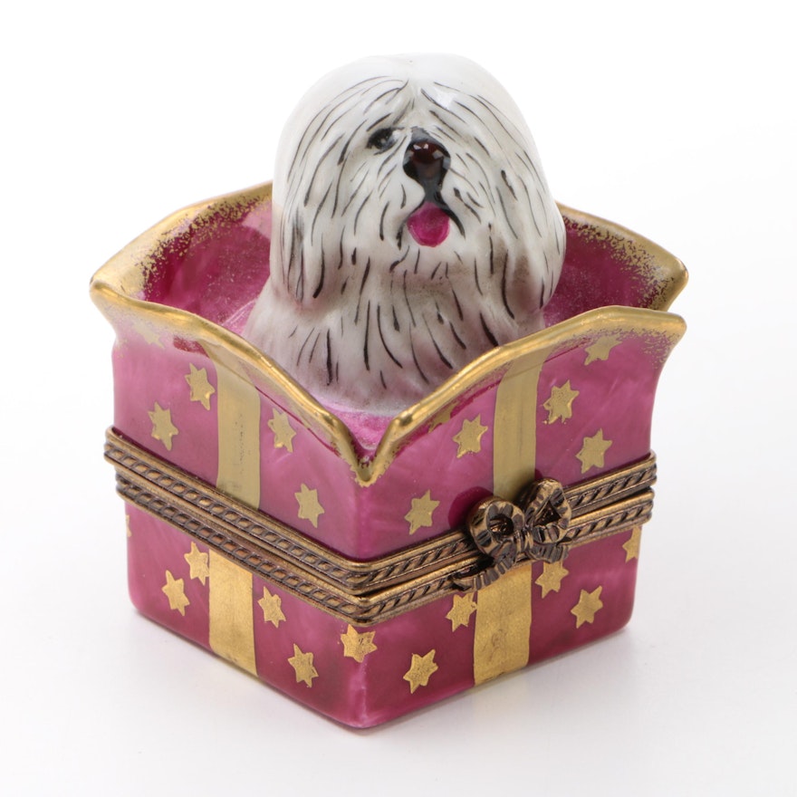 Parry Vieille Hand-Painted Limoges Shaggy Dog in Gift Trinket Box