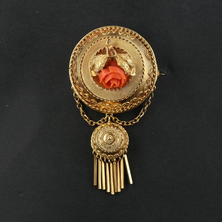 Mid-Victorian Etruscan Revival 14K Yellow Gold Coral Brooch