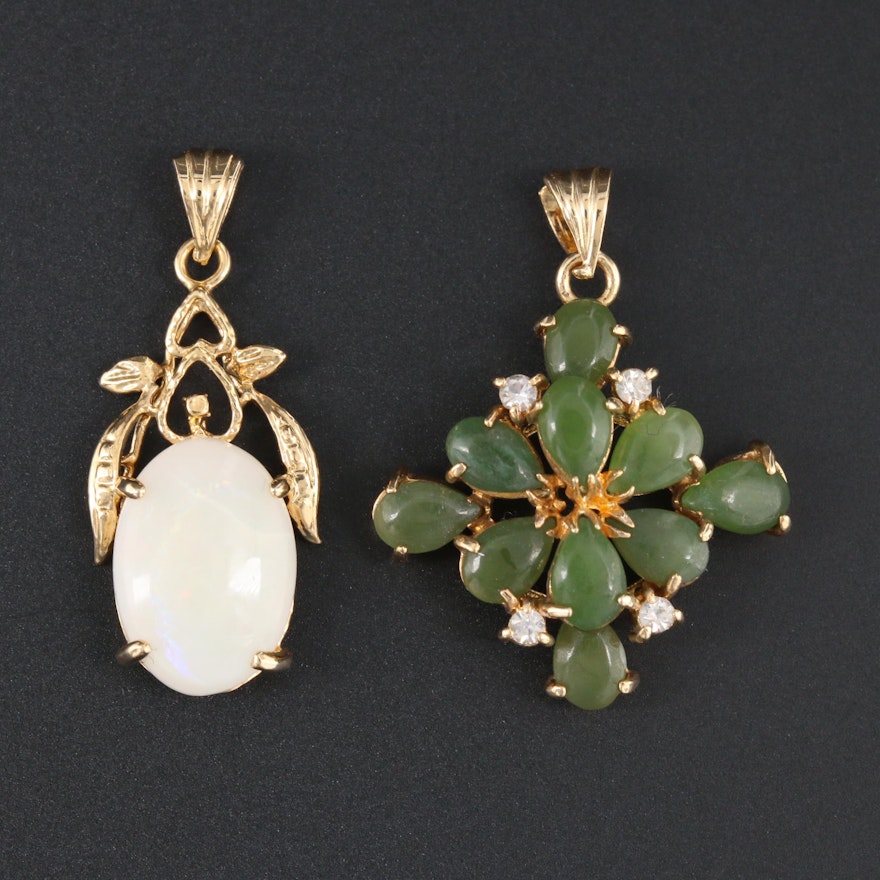 Serpentine and Opal with Glass Floral Motif Pendants