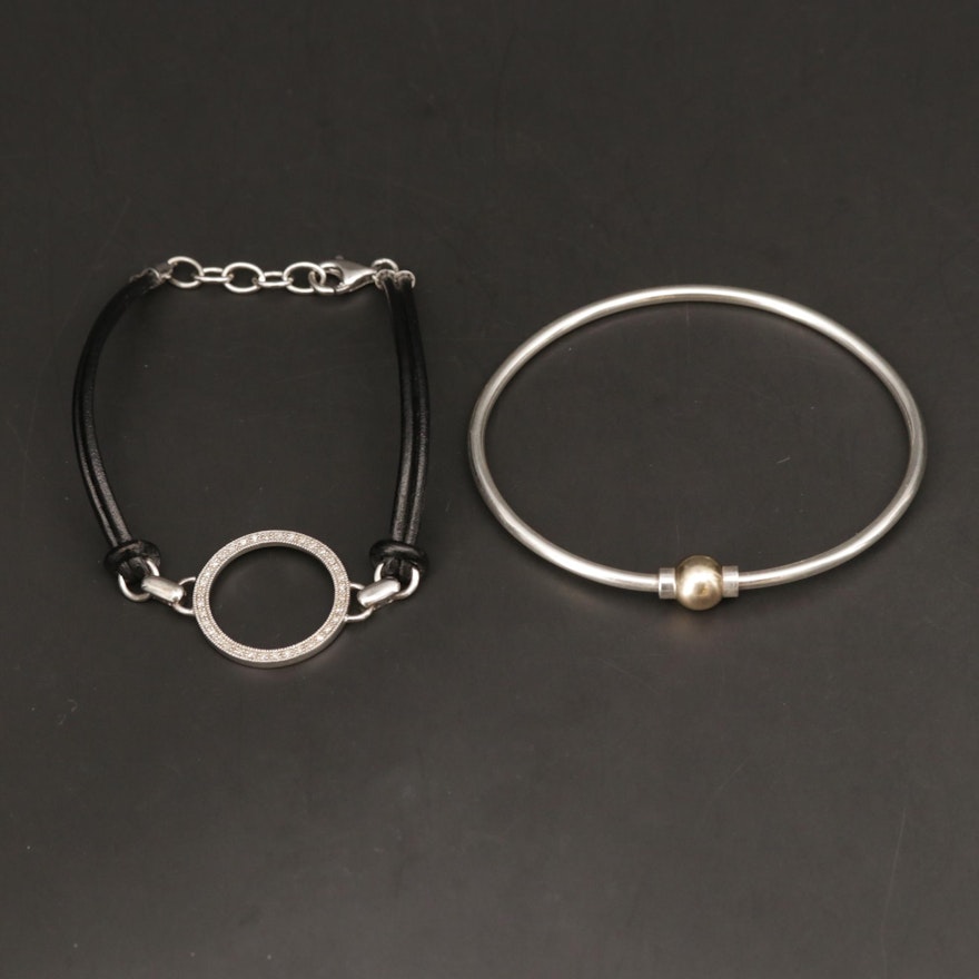 Sterling Bracelets Including Diamond, Leather and 14K Yellow Gold Accent