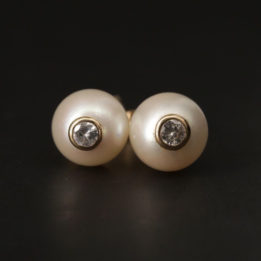 14K Yellow Gold Pearl and Diamond Earrings