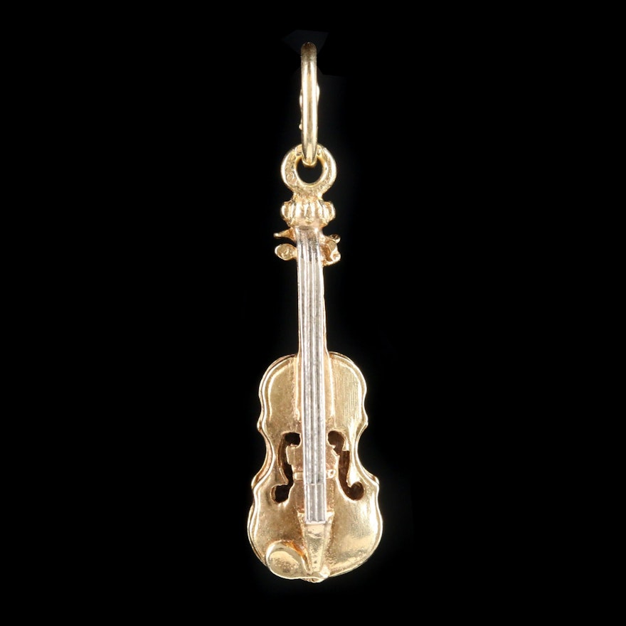 14K Yellow Gold Violin Pendant With 14K White Gold Strings