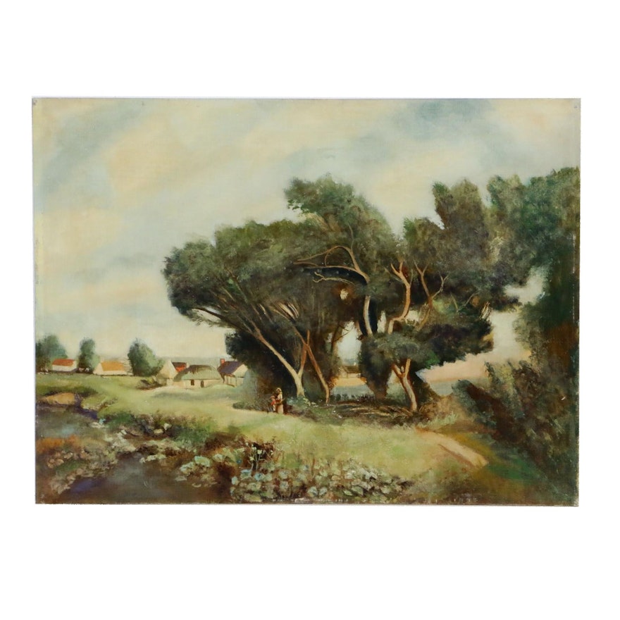 Attributed to Frank Bartels Pastoral Landscape Oil Painting, Early 20th Century