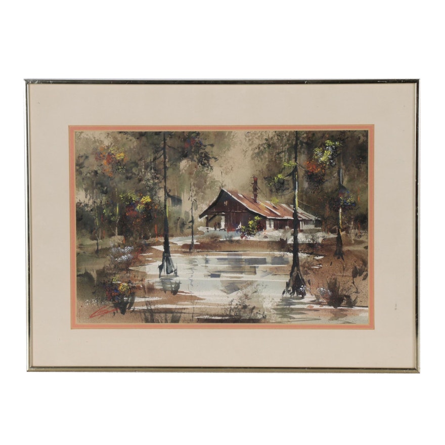 Ray Loos Watercolor Painting "Swamp Shack", Mid 20th Century