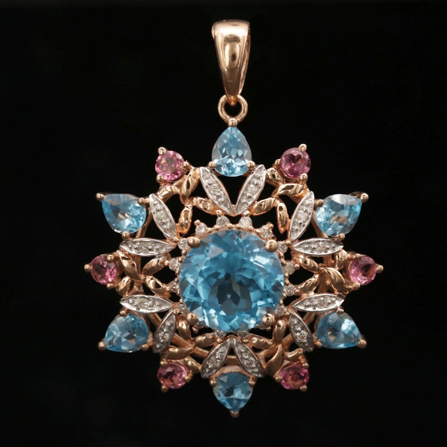 14K Rose Gold Topaz, Tourmaline and Diamond Pendant