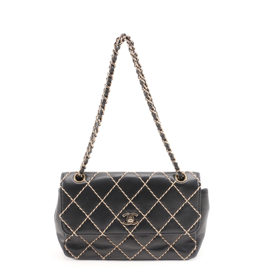 Chanel Black Lambskin Leather Wild Stitch CC Double Chain Shoulder Bag