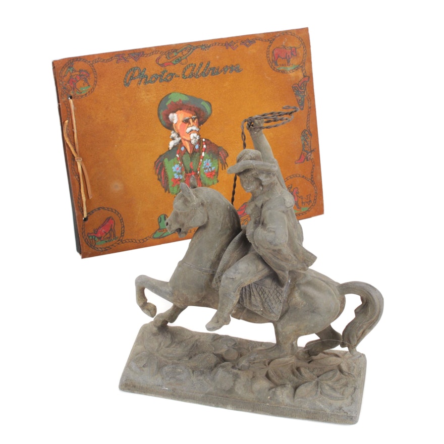 Buffalo Bill Cody with Lariat Metal Statue and Photo Album