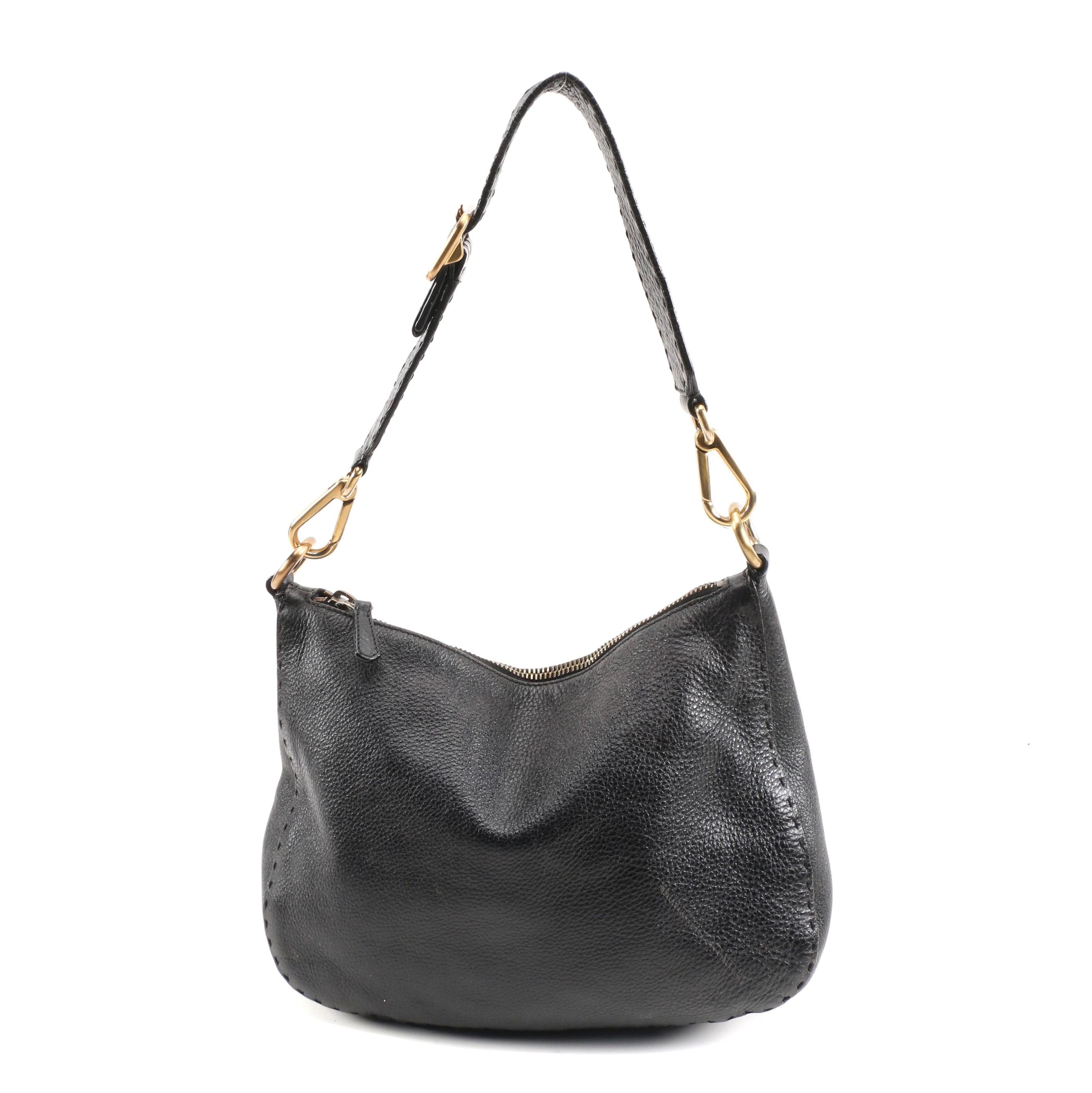Prada Black Vitello Daino Leather Shoulder Bag with Running Stitch Detailing