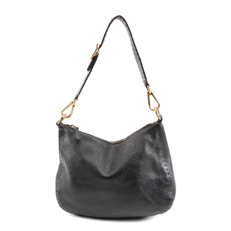 Prada Black Vitello Daino Leather Shoulder Bag with Running Stitch Detailing