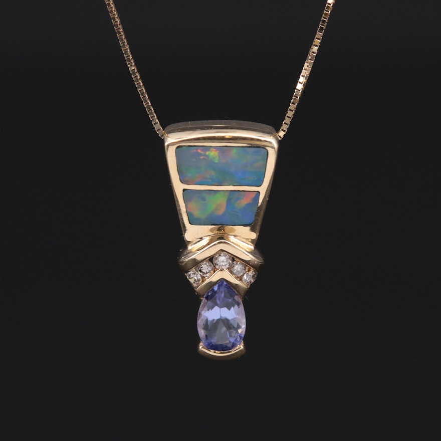 14K Yellow Gold Tanzanite, Diamond and Opal Pendant Necklace