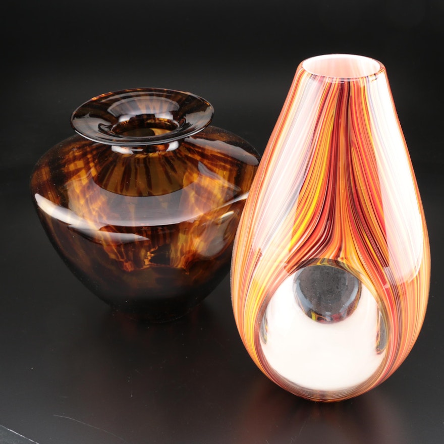 Italian Tortoiseshell Art Glass Vase with Other Cased Art Glass Vase