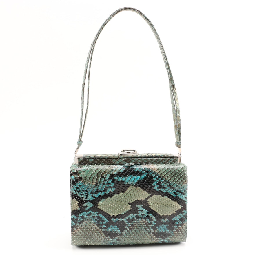 Judith Leiber Green and Teal Python Skin Frame Shoulder Bag