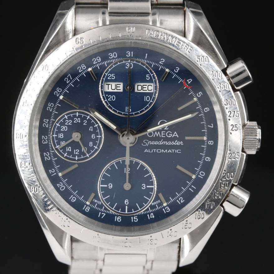 Omega Speedmaster Stainless Steel Chronograph Triple Date Wristwatch