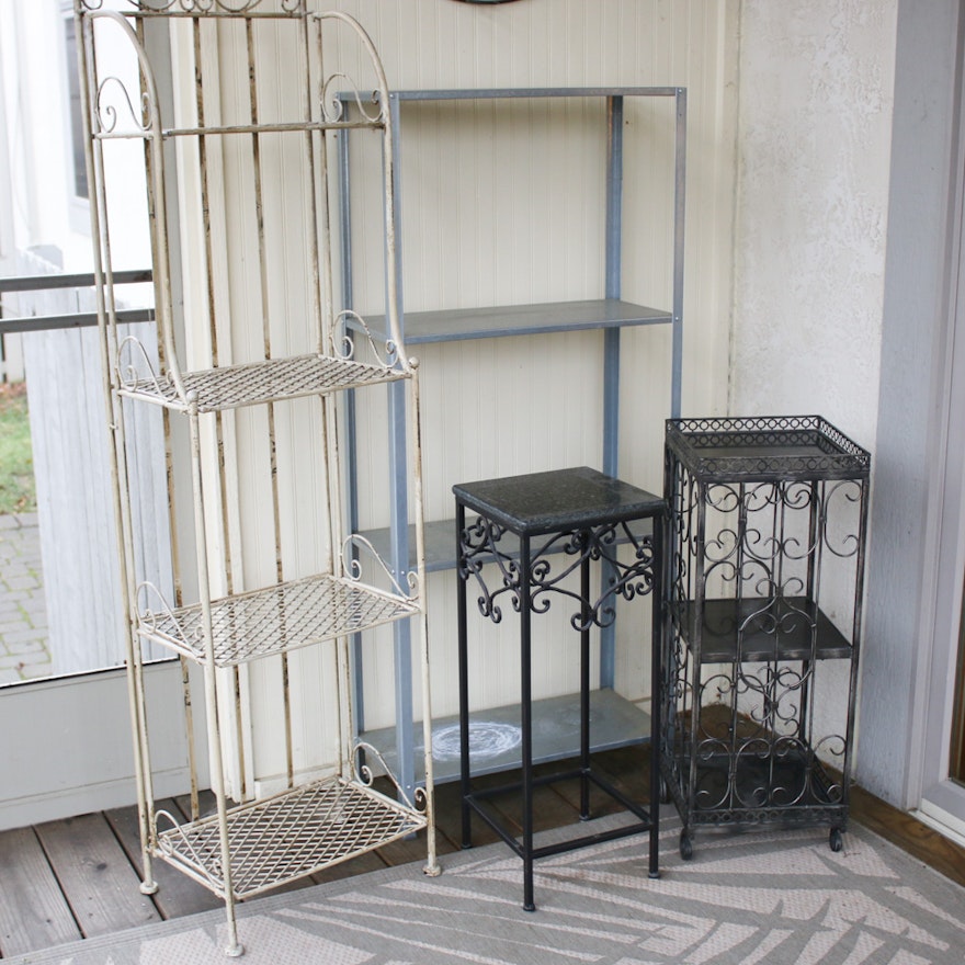 Marble Top Plant Stand with Metal Shelving Unit and Iron Votive Wall Hanging