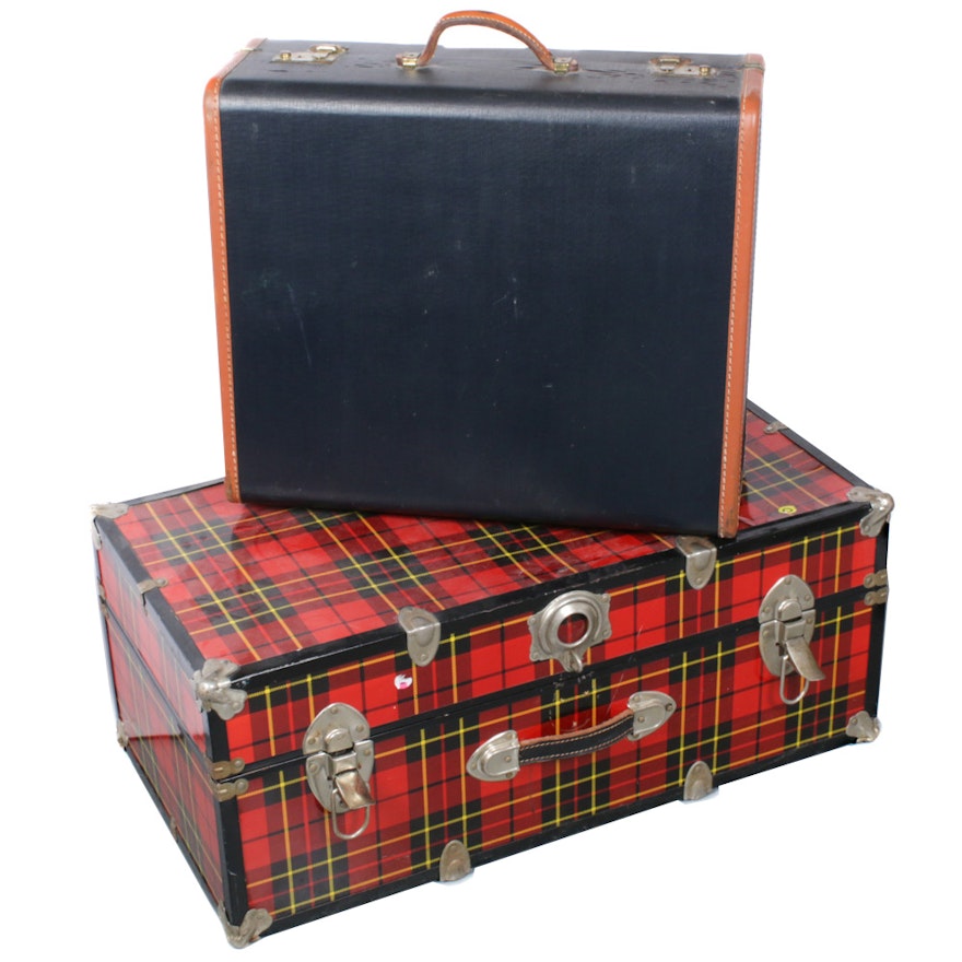 Red Tartan Plaid Travel Trunk with Leather Trim Suitcase, Vintage