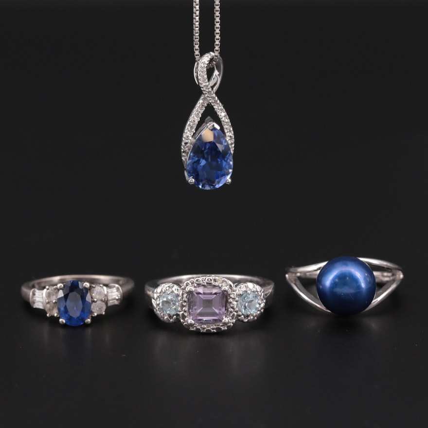 Sterling Rings and Necklace With Topaz, Diamond, Sapphire and Cultured Pearl