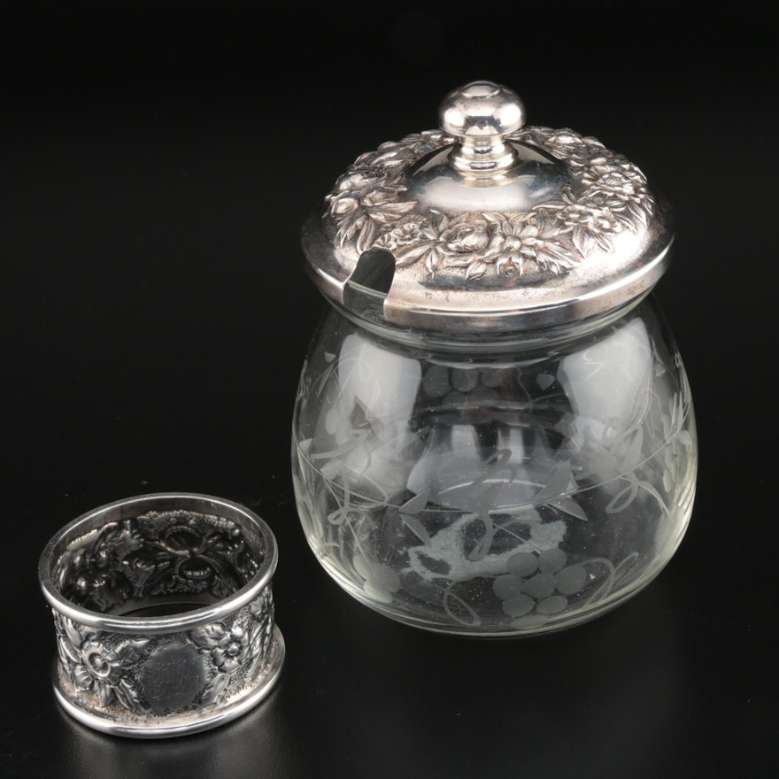 S. Kirk & Son "Repoussé" Sterling and Glass Jam Jar and Silver Plate Napkin Ring