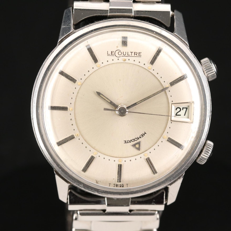 Vintage LeCoultre Memodate Stainless Steel Stem Wind Wristwatch