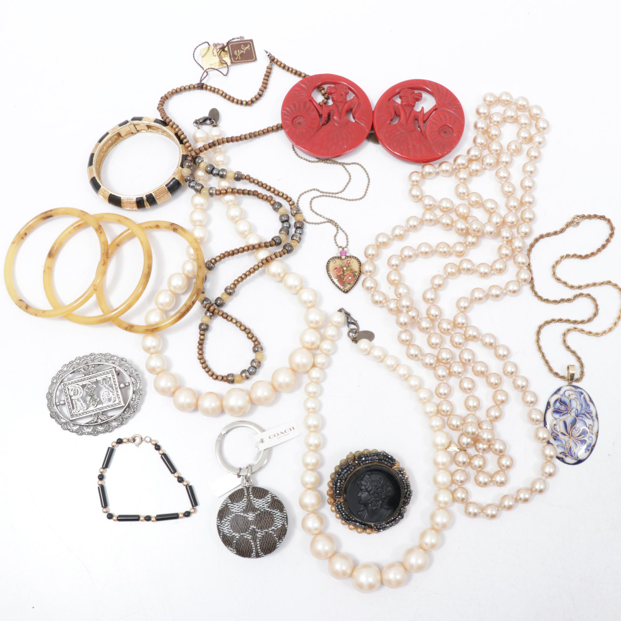 Bakelite Bracelets, Miriam Haskell Brooch, Coach Key Chain and More Jewelry