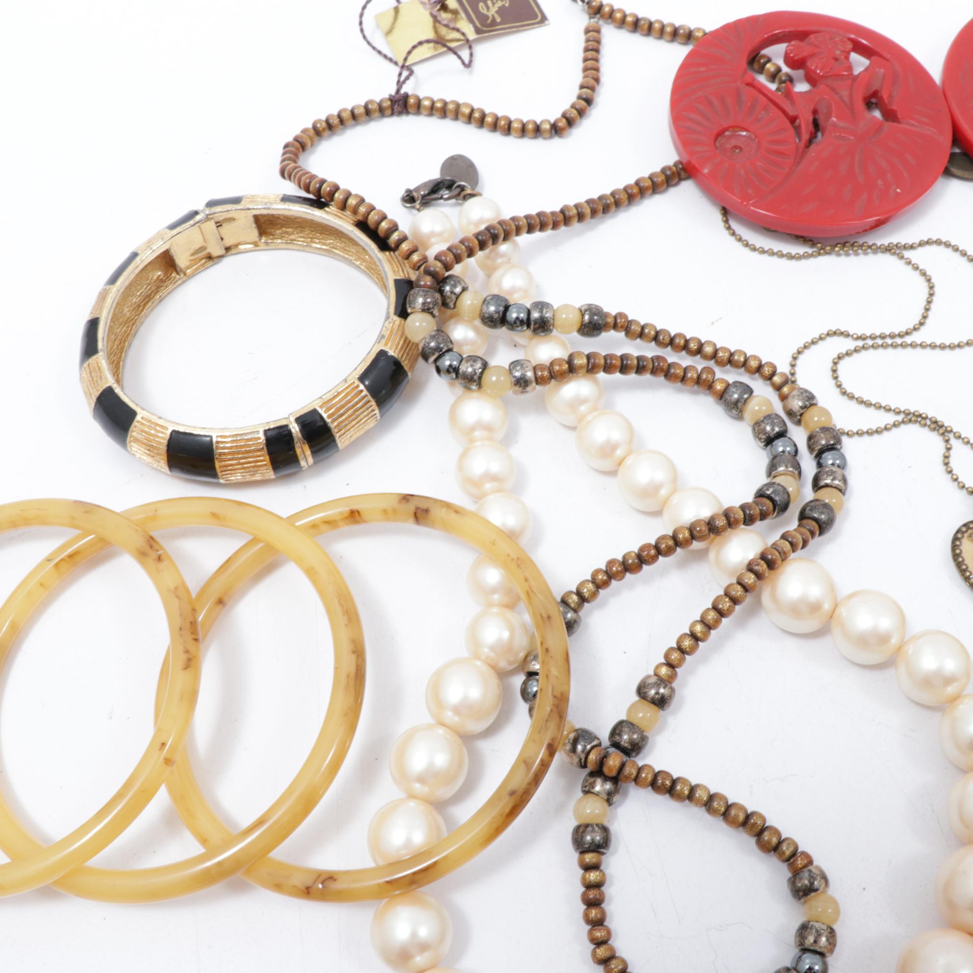 Bakelite Bracelets, Miriam Haskell Brooch, Coach Key Chain and More Jewelry