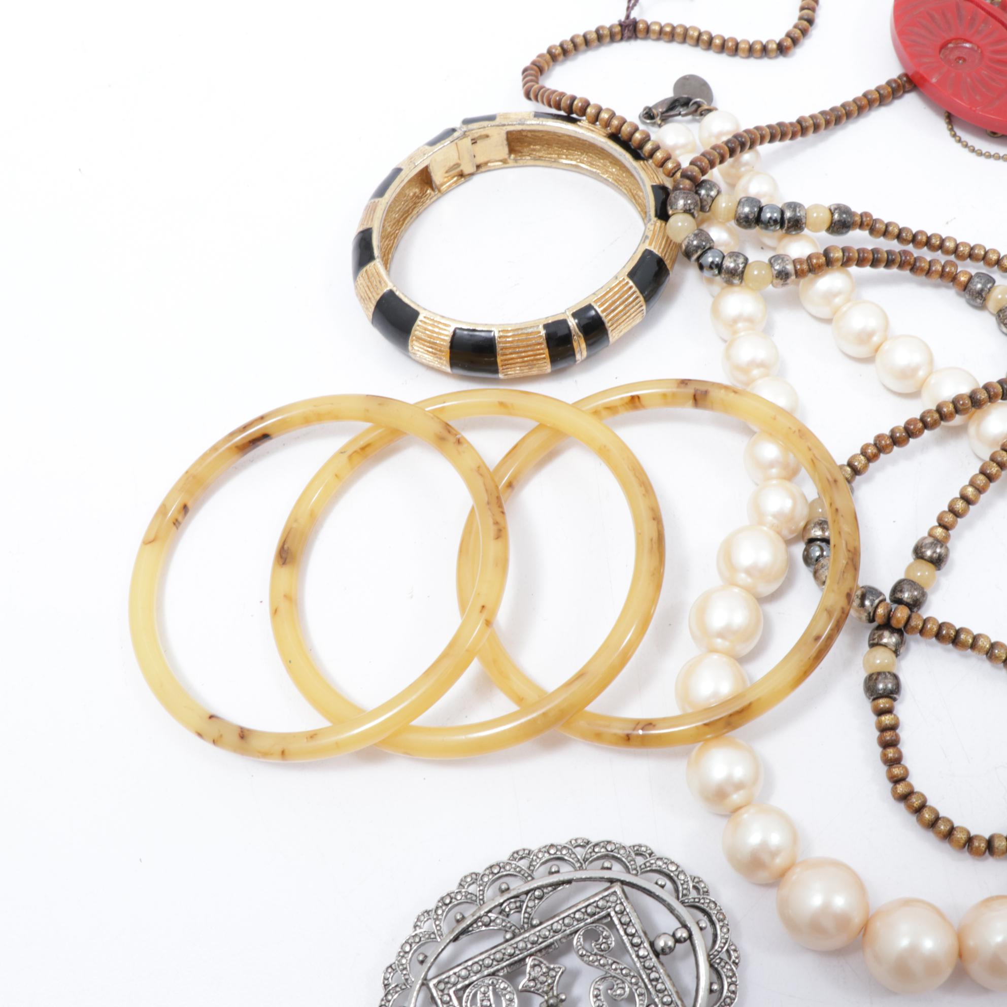 Bakelite Bracelets, Miriam Haskell Brooch, Coach Key Chain and More Jewelry