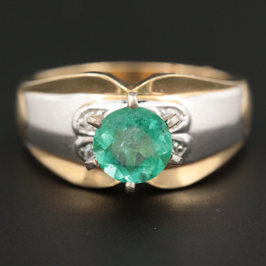 14K Yellow Gold 1.00 CT Emerald and Cubic Zirconia Ring with White Gold Accent