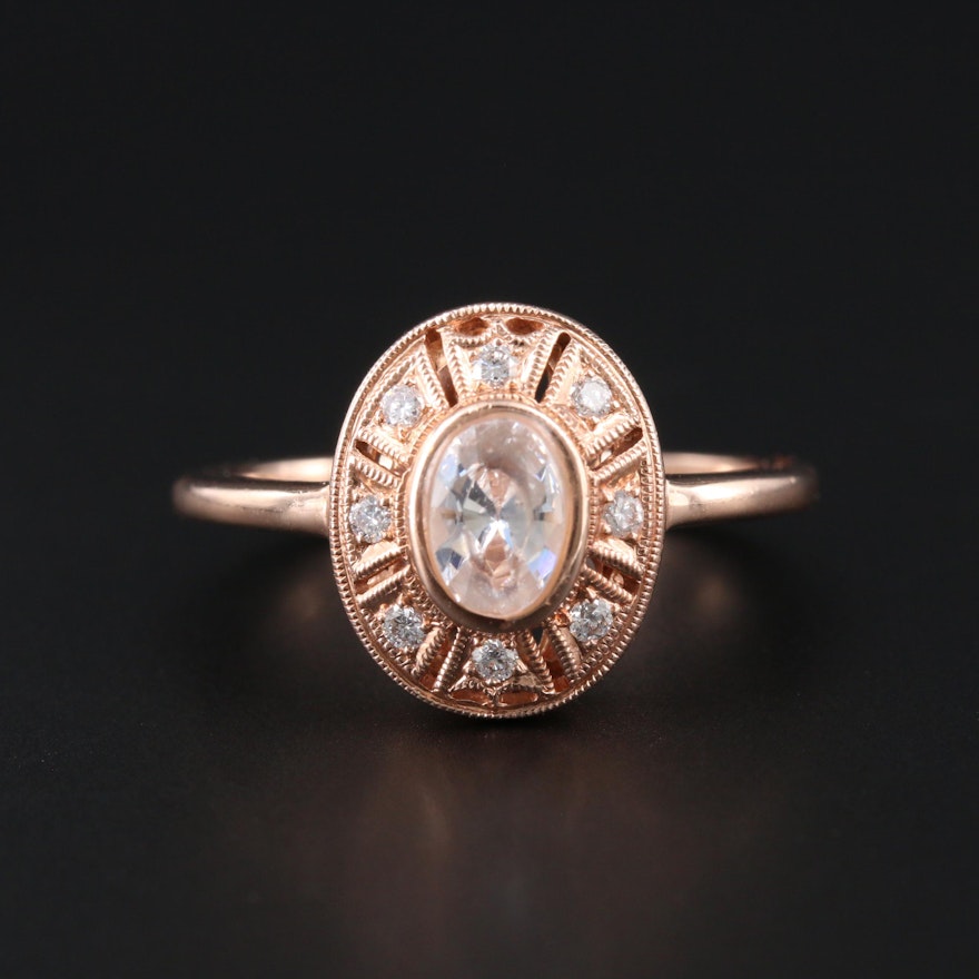 14K Rose Gold Diamond Semi-Mount Ring with Cubic Zirconia Center