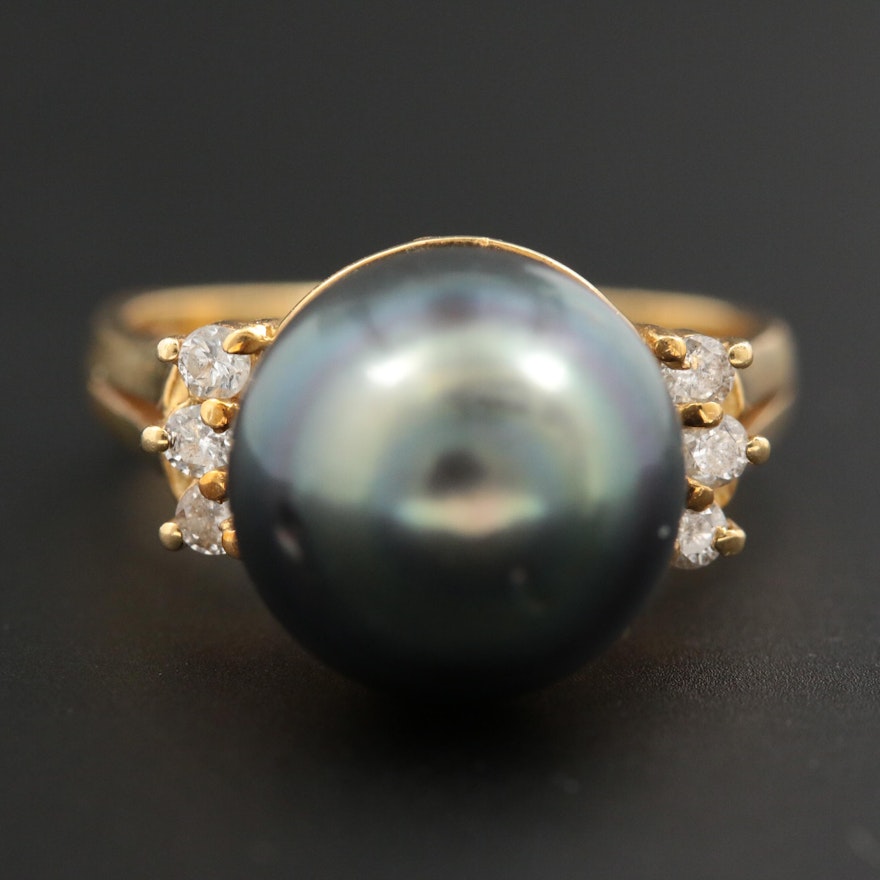 18K Yellow Gold Pearl and Diamond Ring