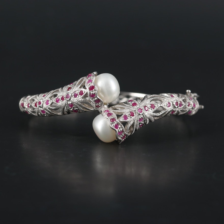 Sterling Silver Pearl and Ruby Bypass Bangle Bracelet