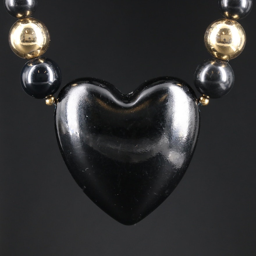Vintage Black Onyx Heart Beaded Necklace