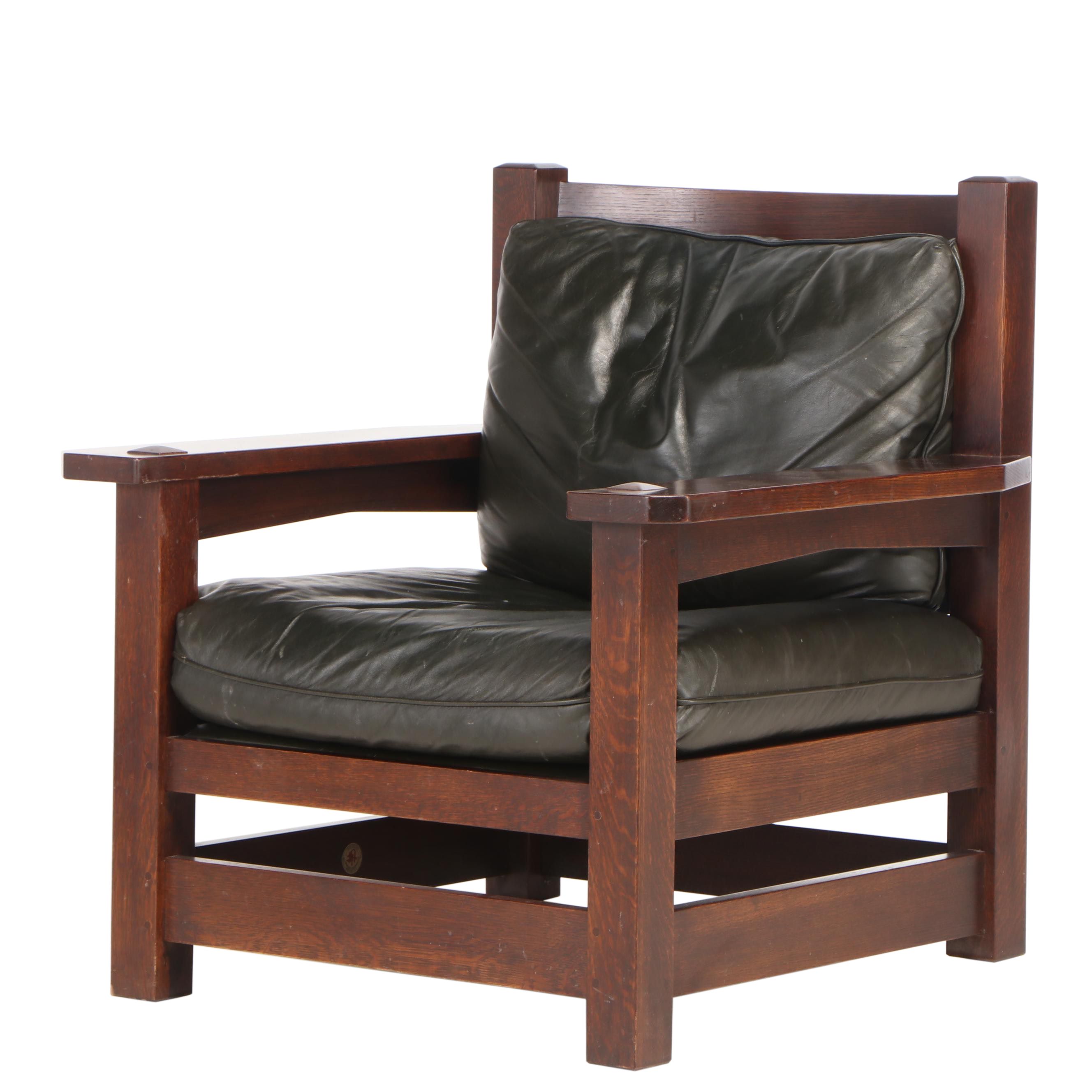 Stickley, Arts and Crafts Style Oak and Dark Green Leather "Eastwood" Armchair