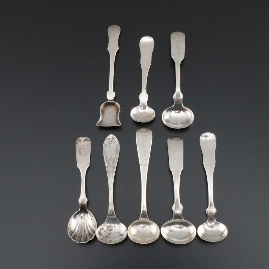 American Coin Silver Fiddle Handle Master Salt Spoons, Antique
