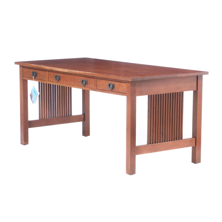 Stickley, Arts and Crafts Style Oak Three-Drawer Library Table