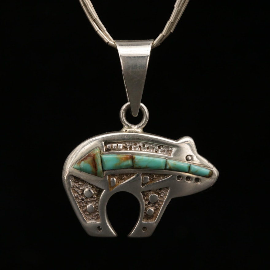 Southwestern Style Sterling Silver Turquoise Pendant with Liquid Silver Necklace